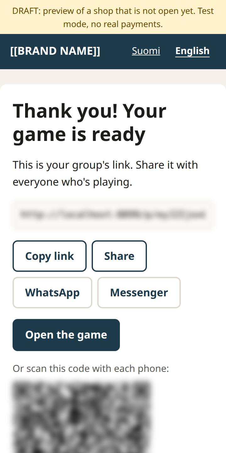 After payment: your game link and QR code