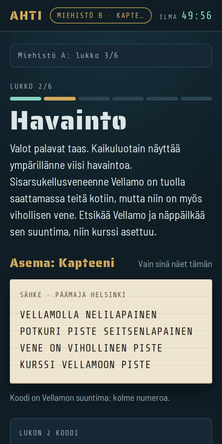 Kaksi miehistöä kilpailee Pako Ahdista -pelissä