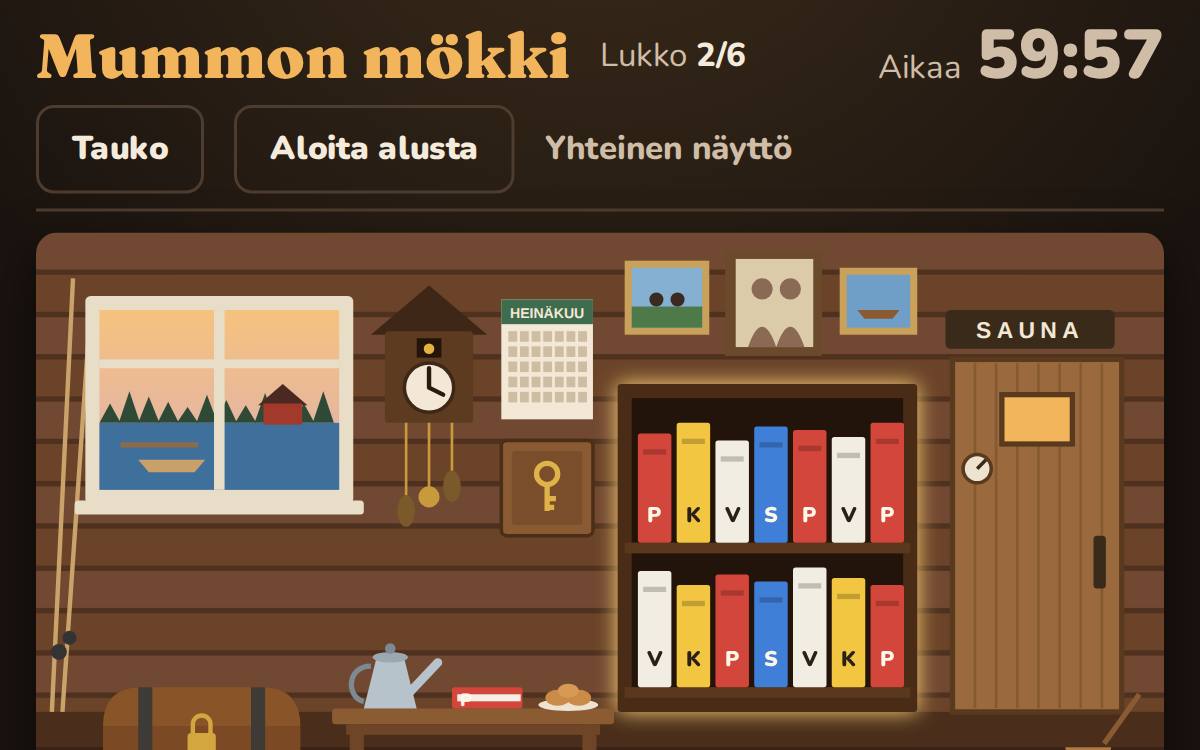 Yhteinen näyttö: mökki, lukko ja kello
