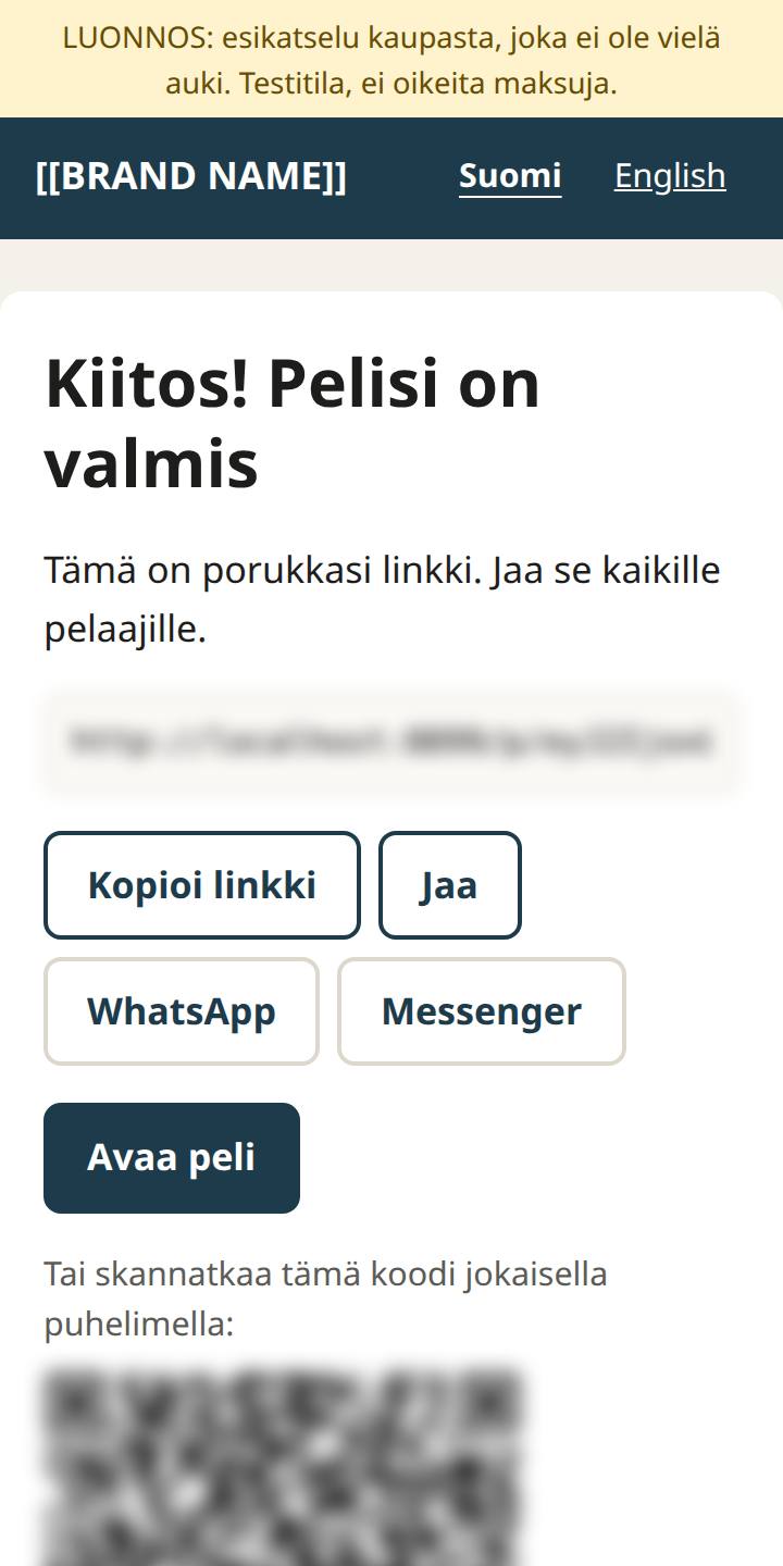 Maksun jälkeen: pelilinkki ja QR-koodi